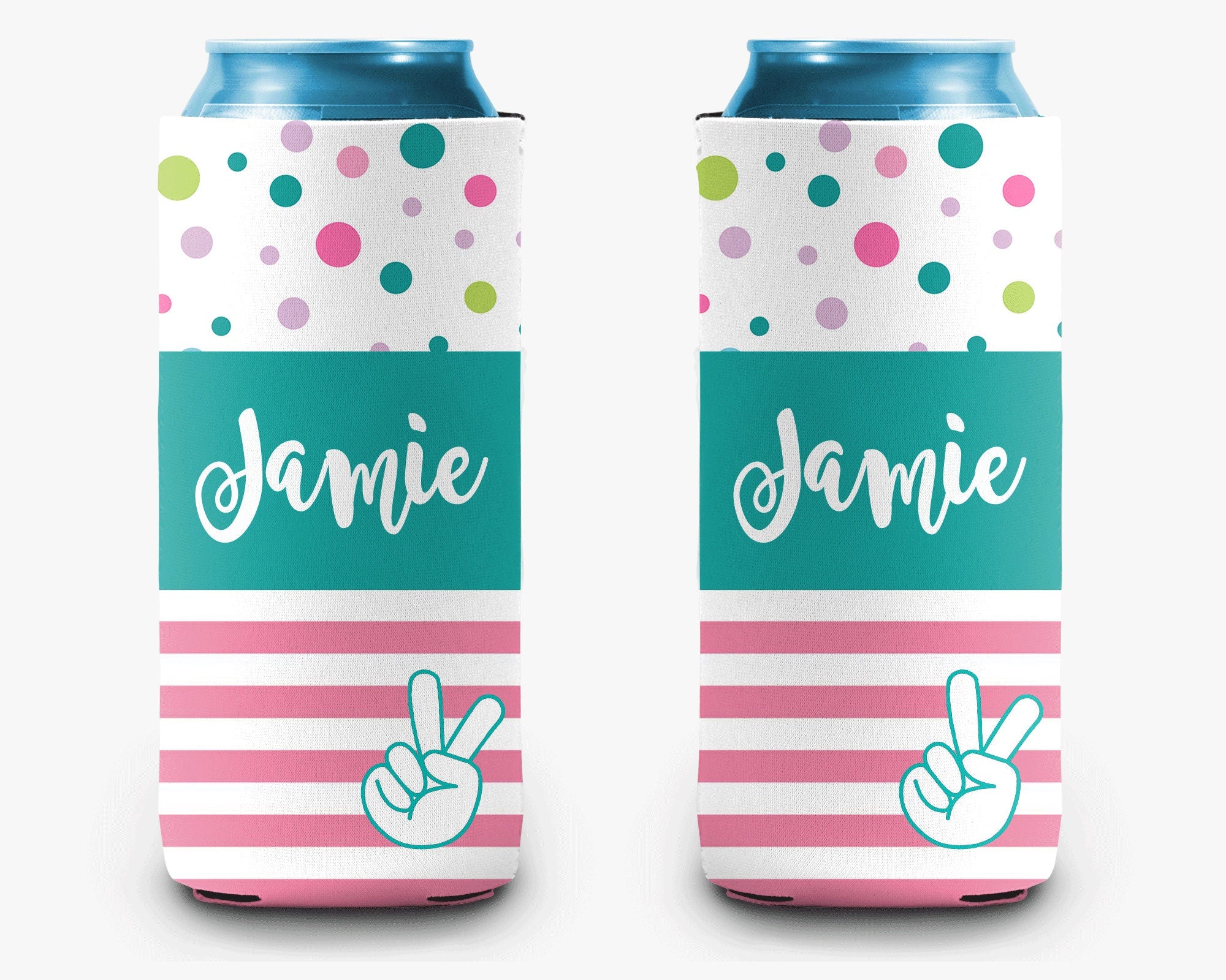 Peace Sign Can Cooler Pink Aqua Stripe Polka Dot Personalized Can Cooler Sleeve