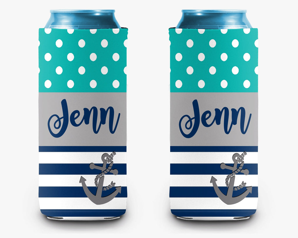 Anchor Can Cooler Navy Stripe Aqua Polka Dot Personalized Can Cooler Sleeve
