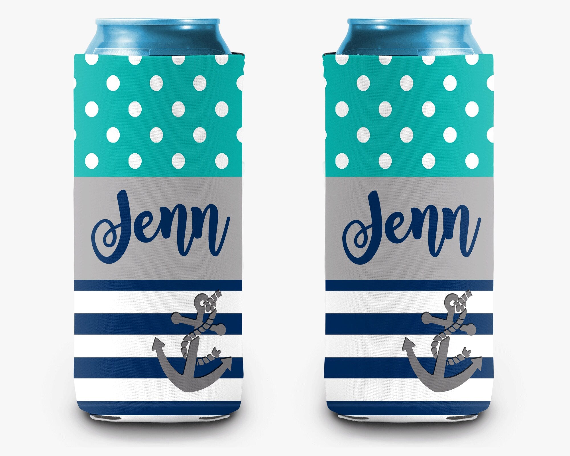 Anchor Can Cooler Navy Stripe Aqua Polka Dot Personalized Can Cooler Sleeve