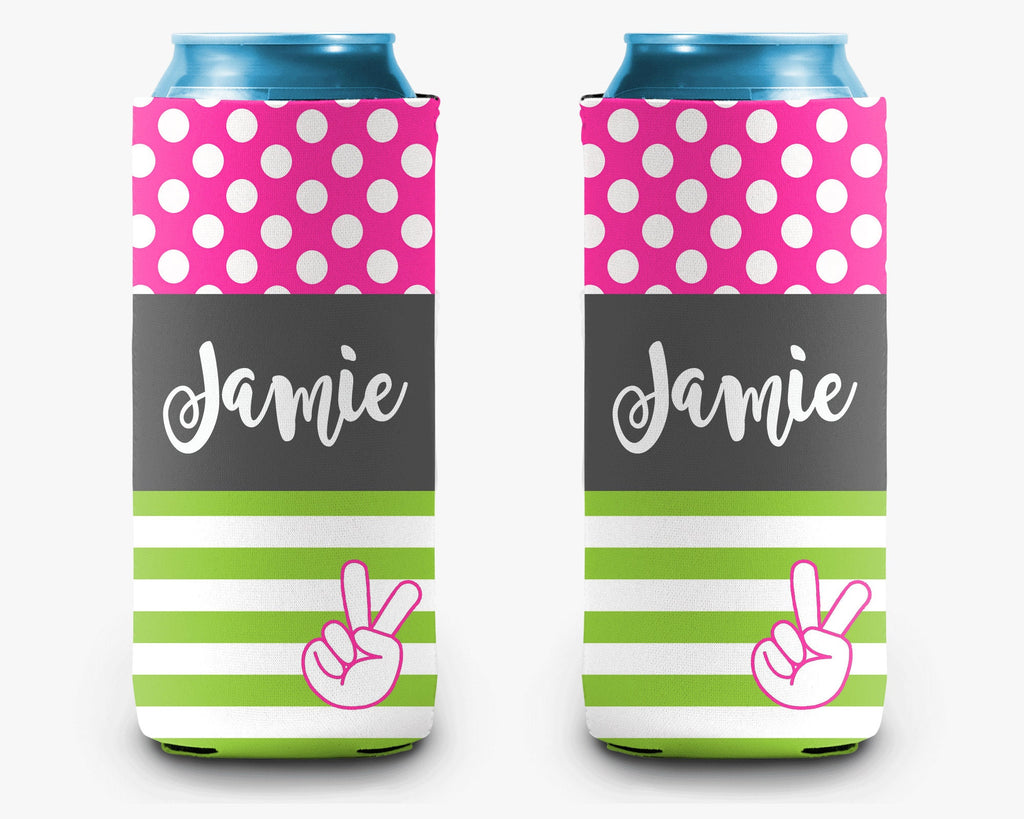 Peace Sign Can Cooler Pink Lime Stripe Polka Dot Personalized Can Cooler Sleeve