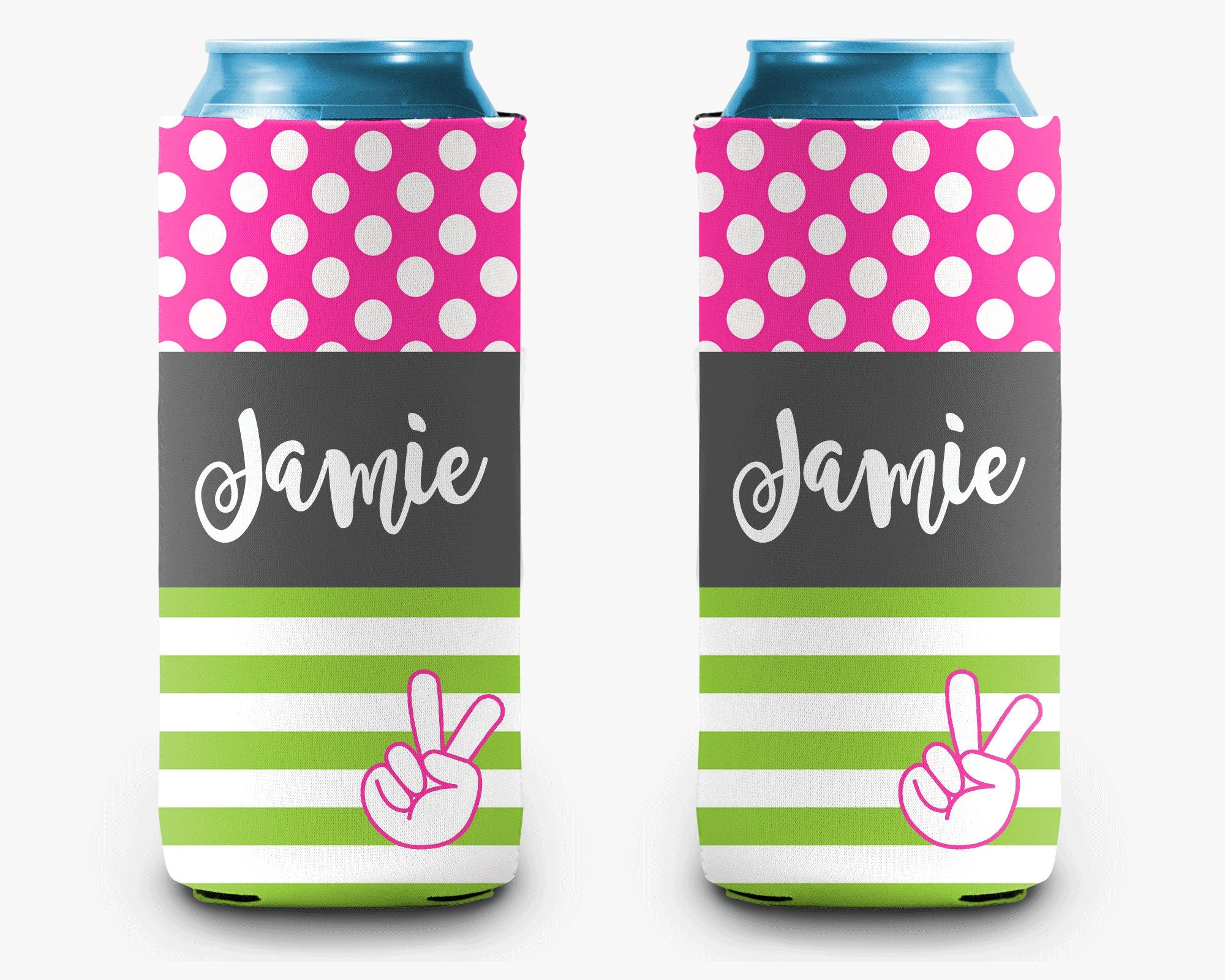 Peace Sign Can Cooler Pink Lime Stripe Polka Dot Personalized Can Cooler Sleeve