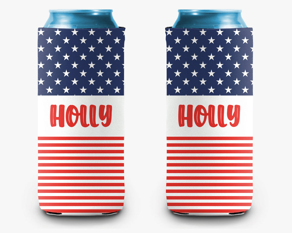 USA Flag Can Cooler Red White Blue Stars & Stripes Personalized Can Cooler Slim and Regular Sleeve