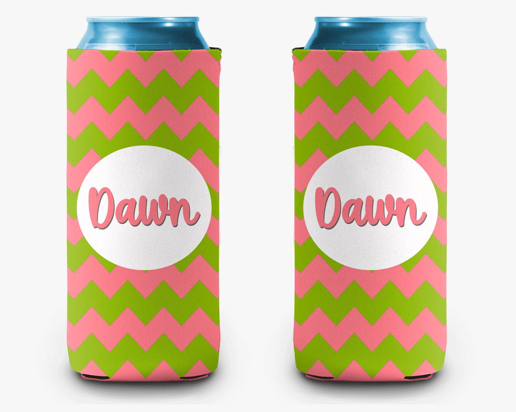 Pink & Green Chevron Can Cooler - Personalized Can Cooler Sleeve