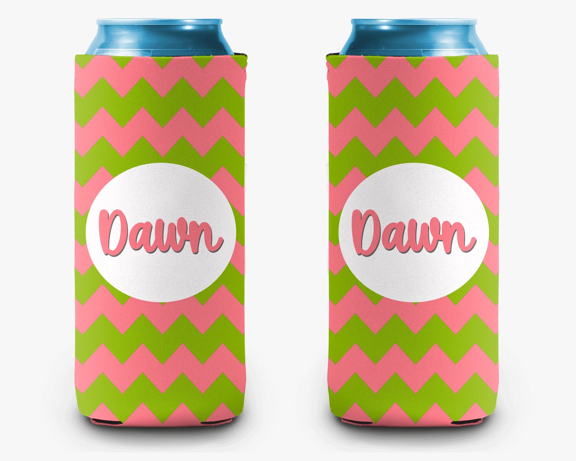 Pink & Green Chevron Can Cooler - Personalized Can Cooler Sleeve