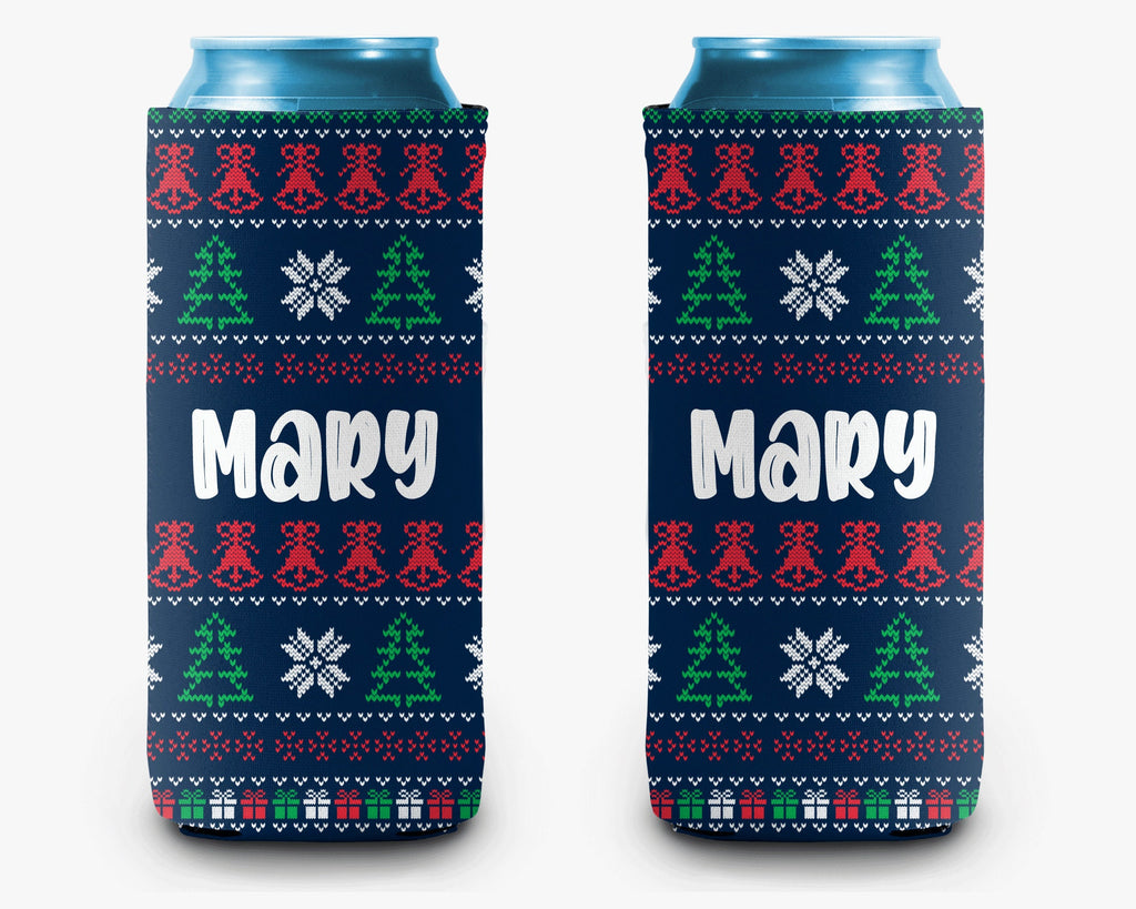 Ugly Christmas Sweater Can Cooler, Holiday Sweater Navy Personalized Can Cooler Sleeve