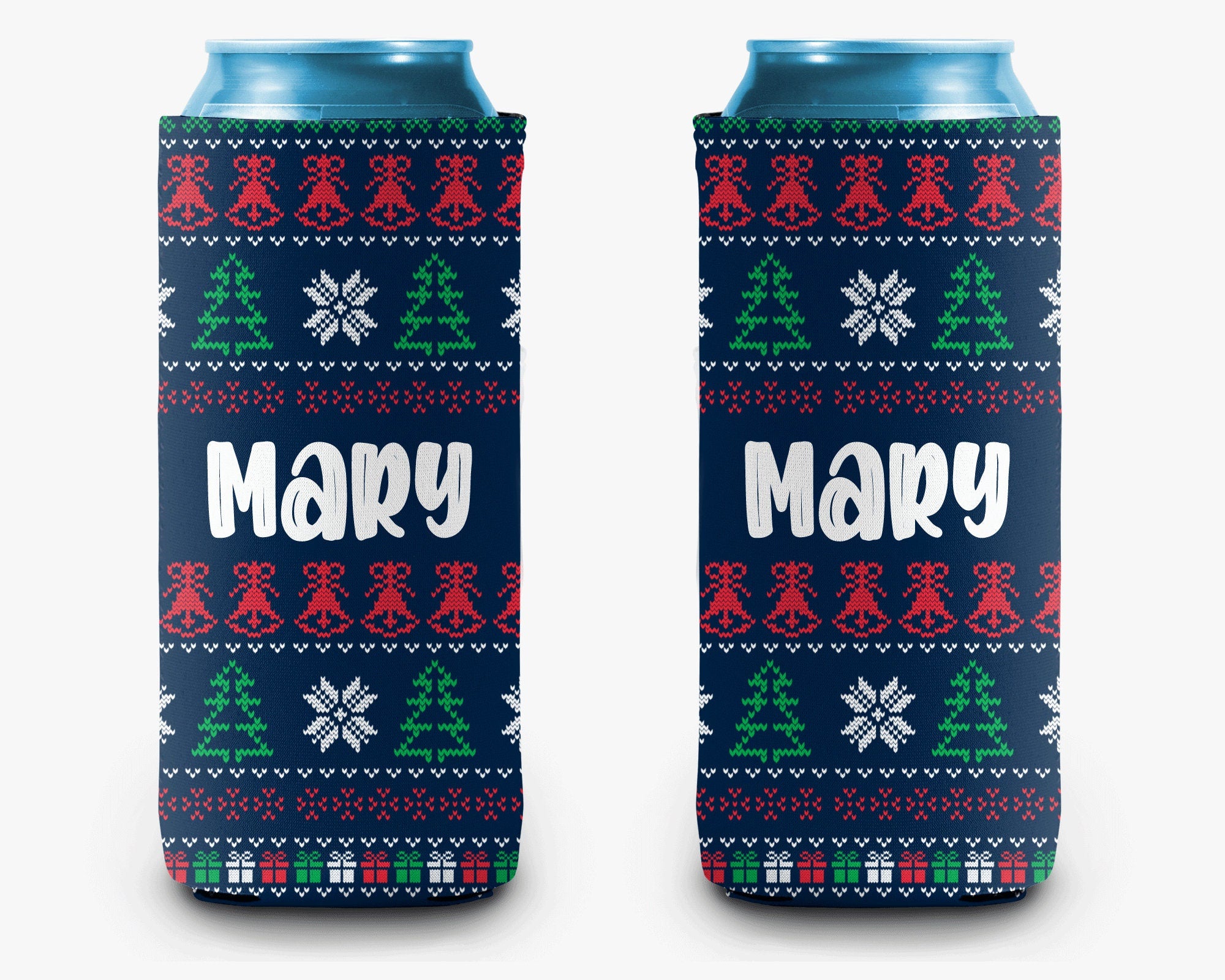 Ugly Christmas Sweater Can Cooler, Holiday Sweater Navy Personalized Can Cooler Sleeve