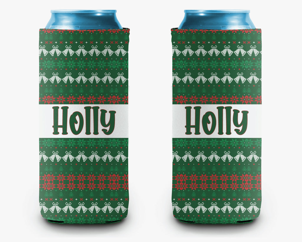 Ugly Christmas Sweater Can Cooler, Holiday Sweater Green Personalized Can Cooler Sleeve
