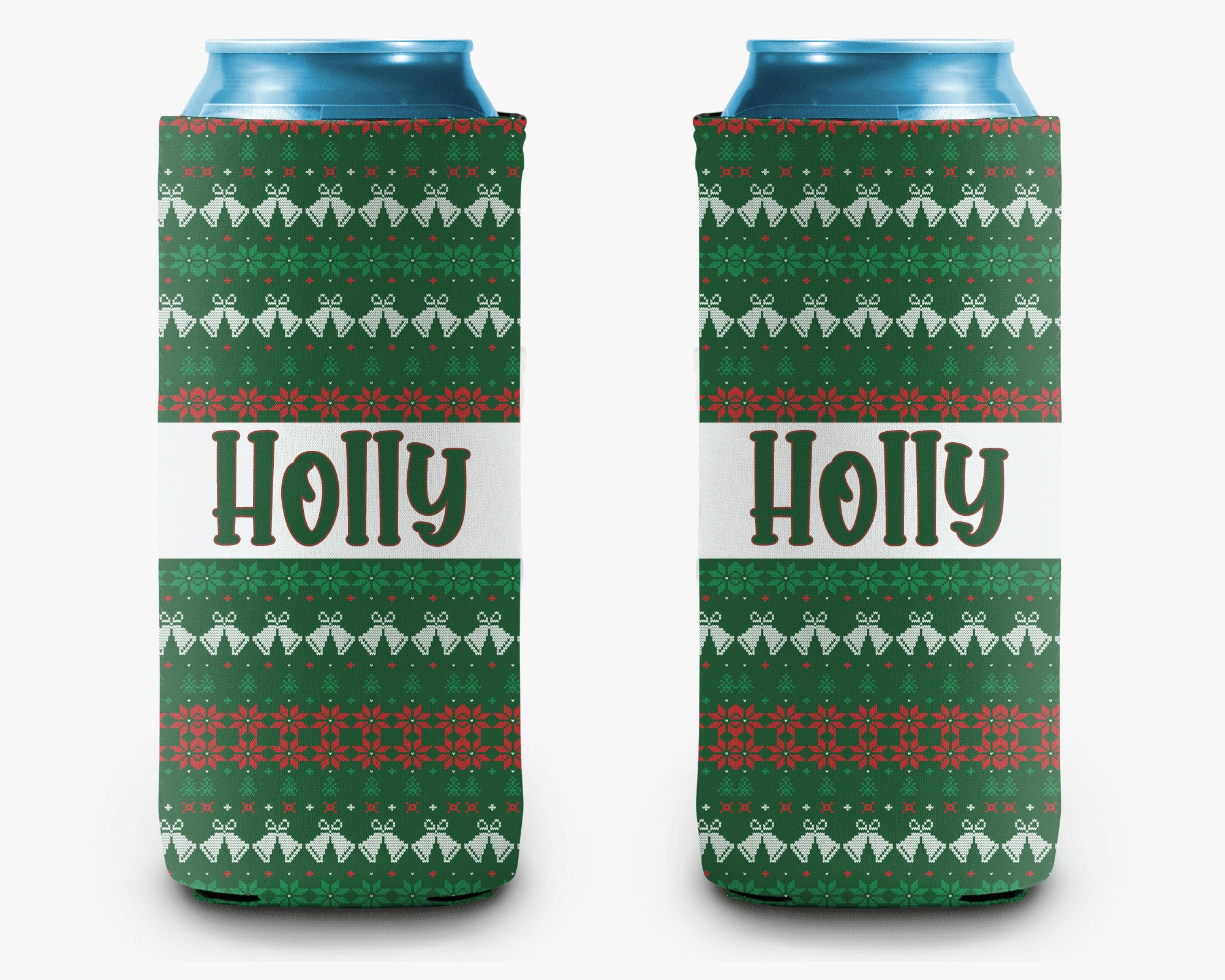 Ugly Christmas Sweater Can Cooler, Holiday Sweater Green Personalized Can Cooler Sleeve
