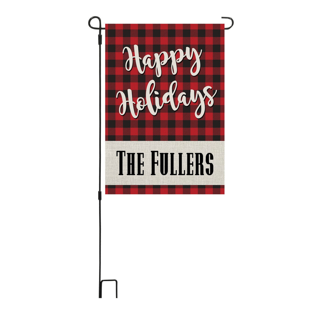 Happy Holidays Custom Personalized Garden Flag Black Red Buffalo Plaid