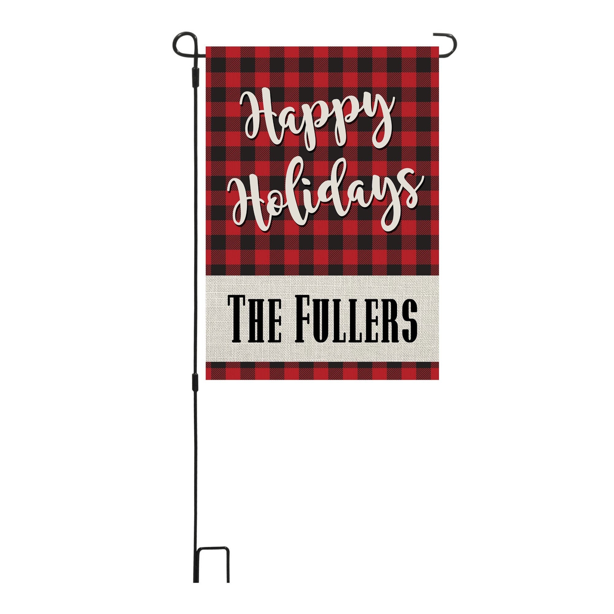 Happy Holidays Custom Personalized Garden Flag Black Red Buffalo Plaid