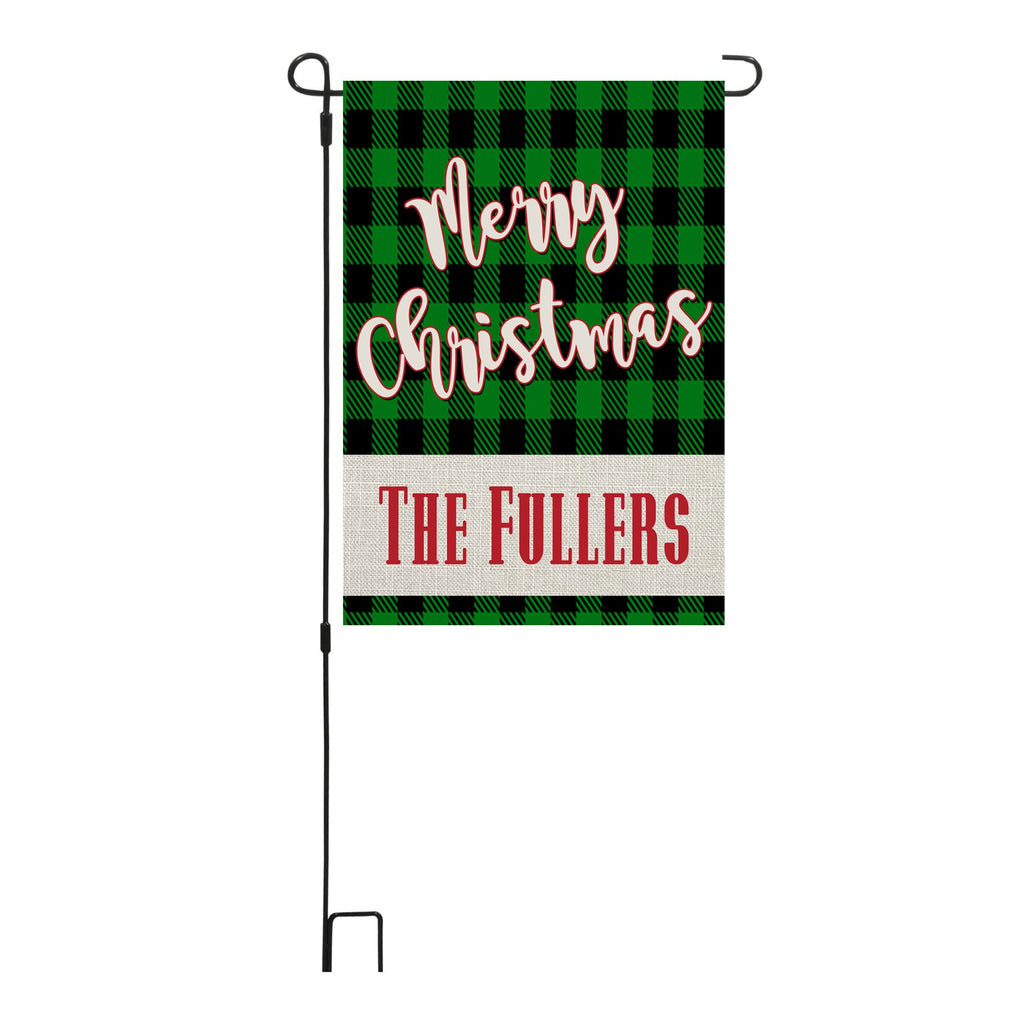 Merry Christmas Custom Garden Flag Linen Black Green Buffalo Plaid