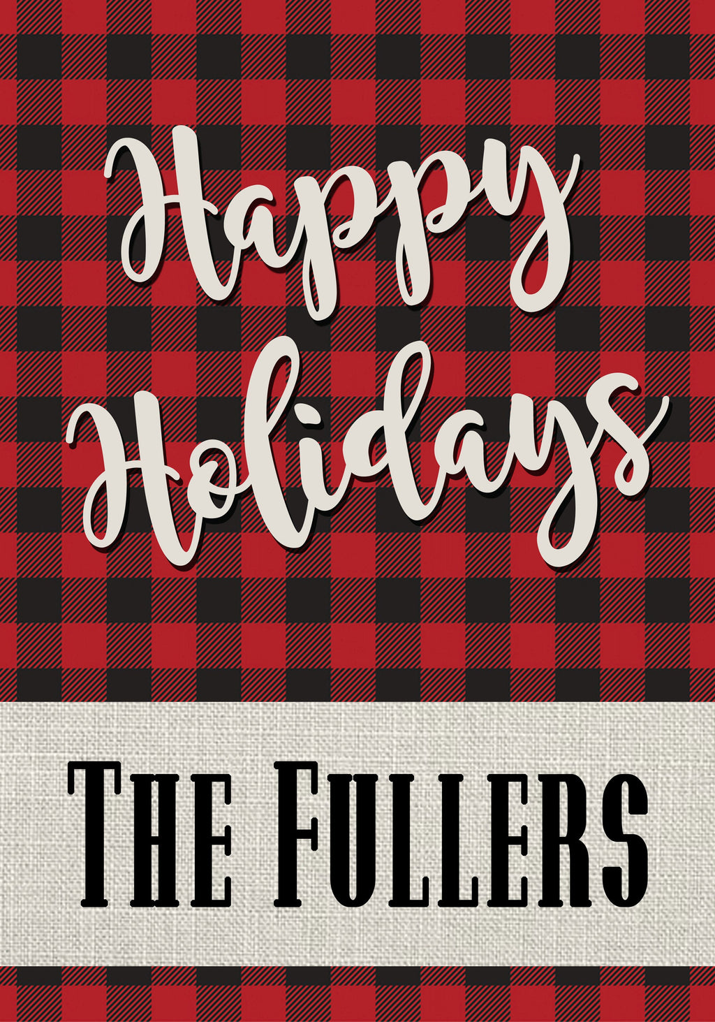 Happy Holidays Custom Personalized Garden Flag Black Red Buffalo Plaid