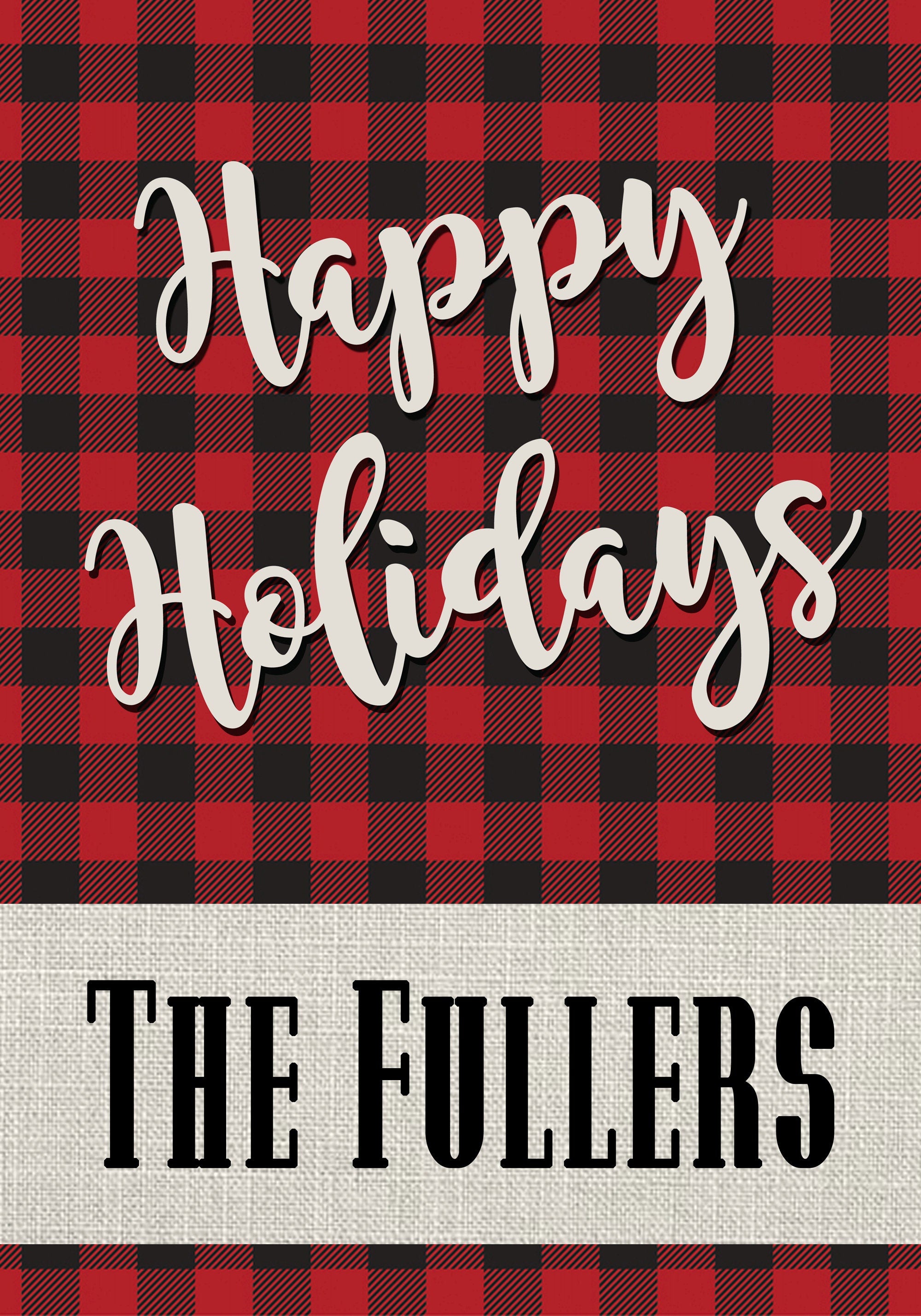 Happy Holidays Custom Personalized Garden Flag Black Red Buffalo Plaid