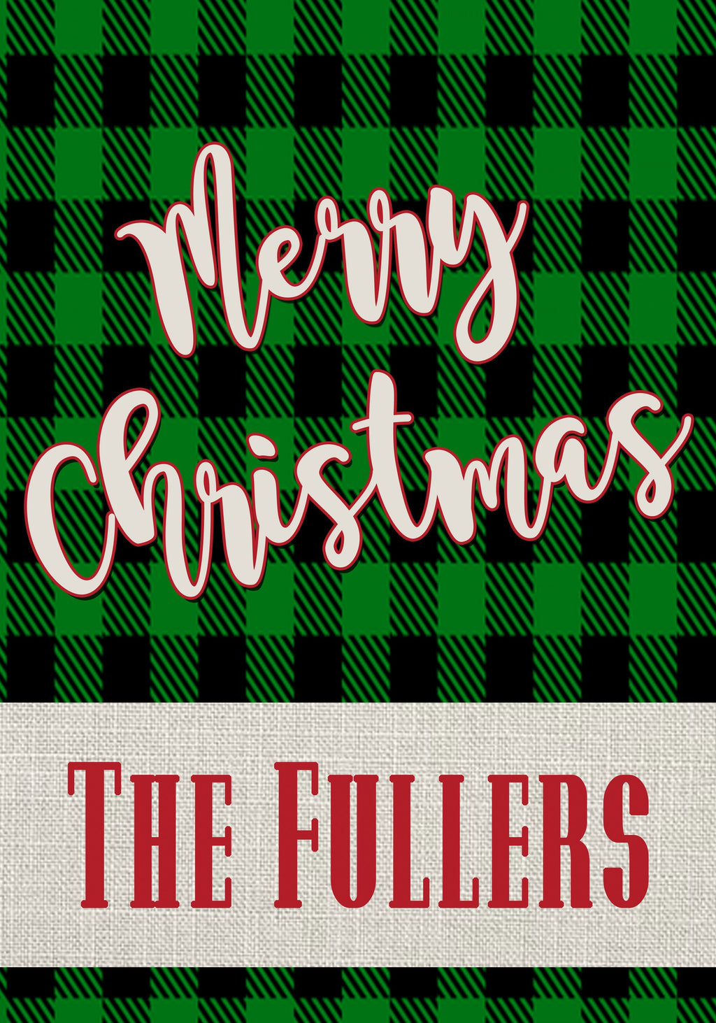 Merry Christmas Custom Garden Flag Linen Black Green Buffalo Plaid