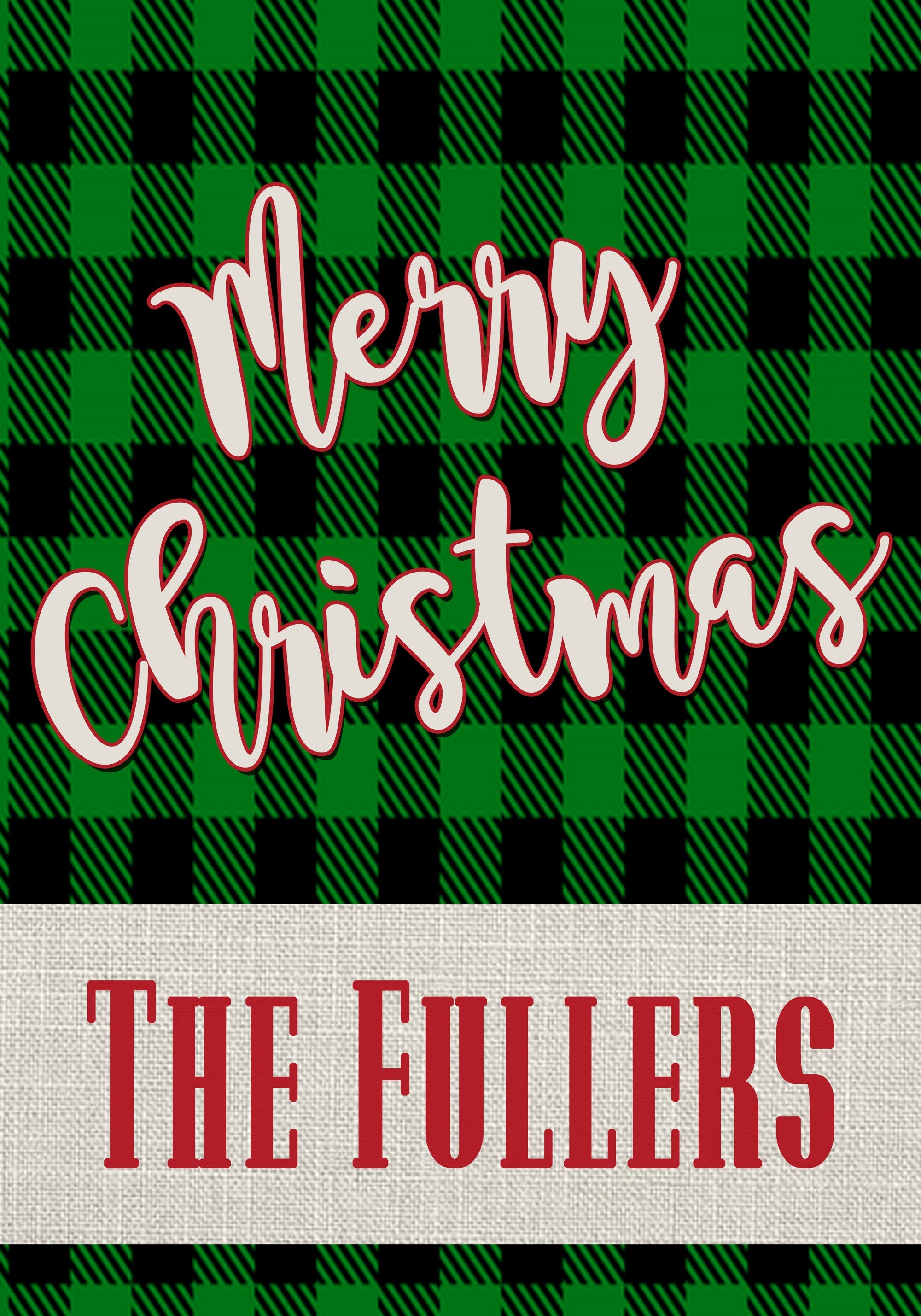 Merry Christmas Custom Garden Flag Linen Black Green Buffalo Plaid
