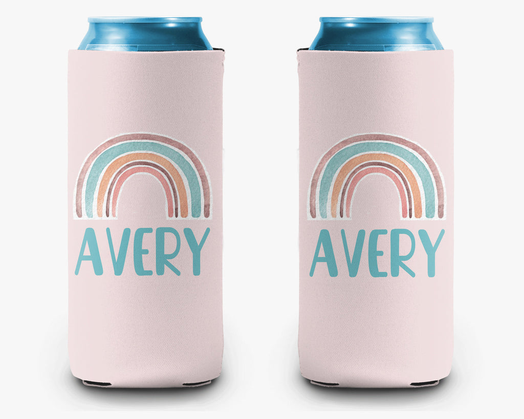 Boho Rainbow Pink Can Cooler Personalized Can Cooler Sleeve
