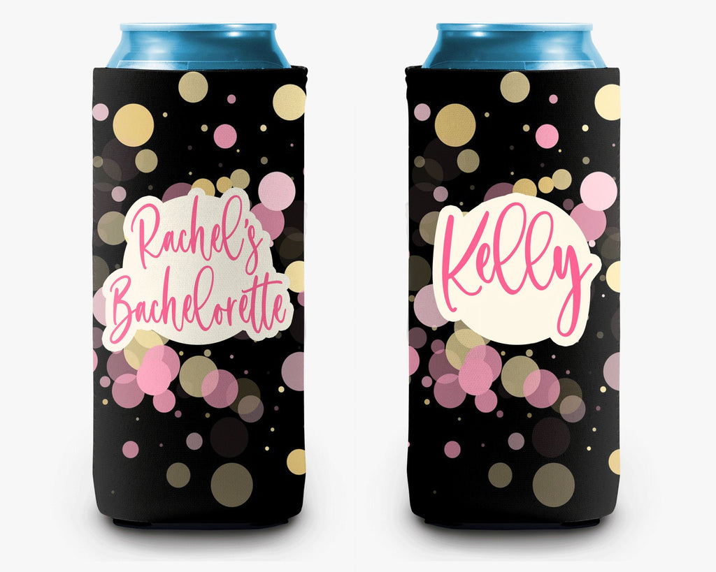 Bachelorette Party Can Cooler Black Pink Gold Confetti Can Cooler Bridal Party Personalized Can Cooler Sleeve