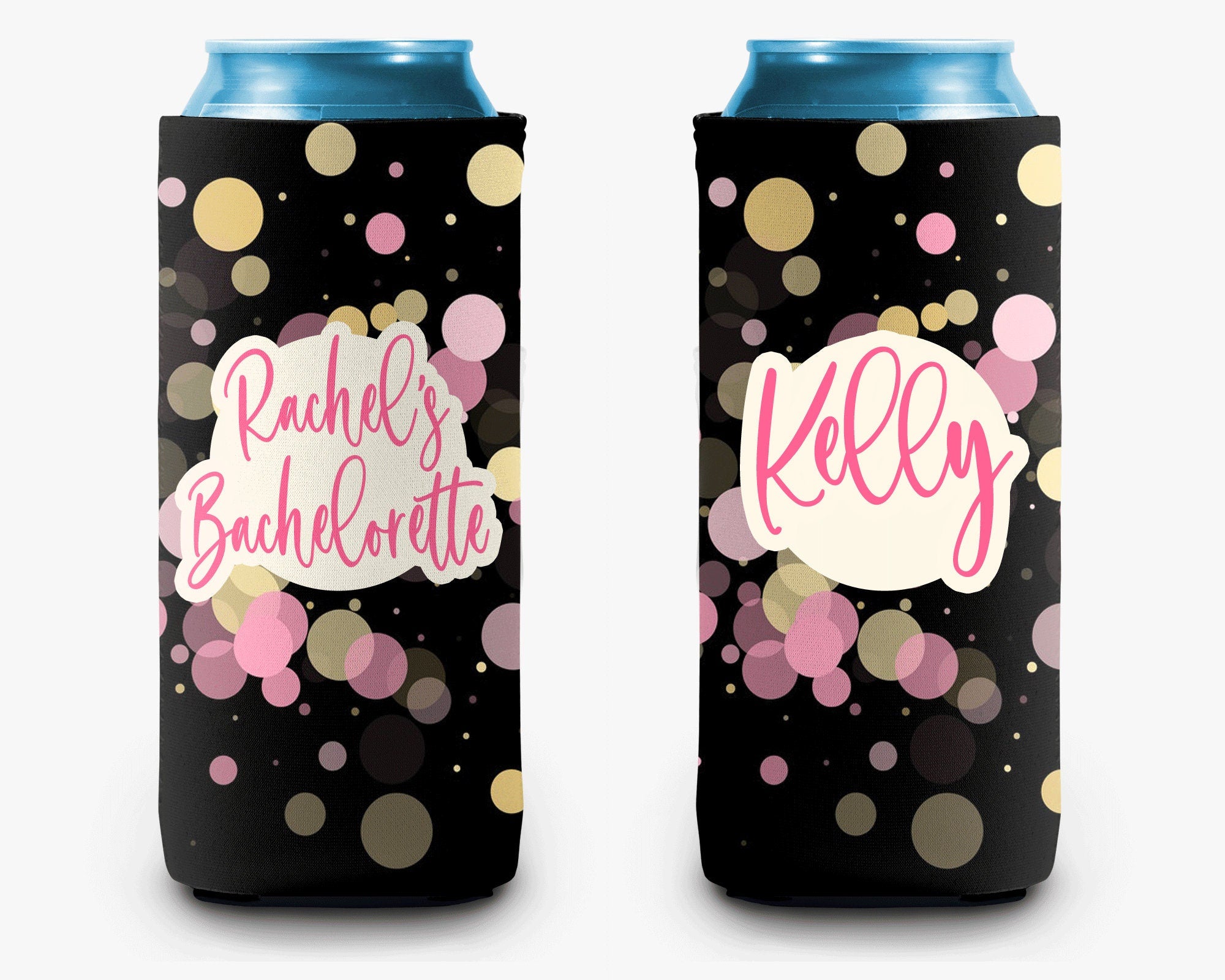 Bachelorette Party Can Cooler Black Pink Gold Confetti Can Cooler Bridal Party Personalized Can Cooler Sleeve