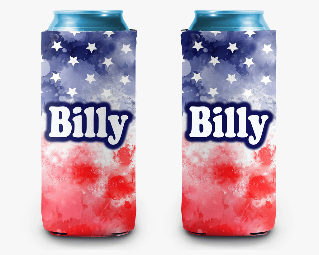 USA Splatter Flag Can Cooler Red White Blue Stars & Stripes Personalized Can Cooler