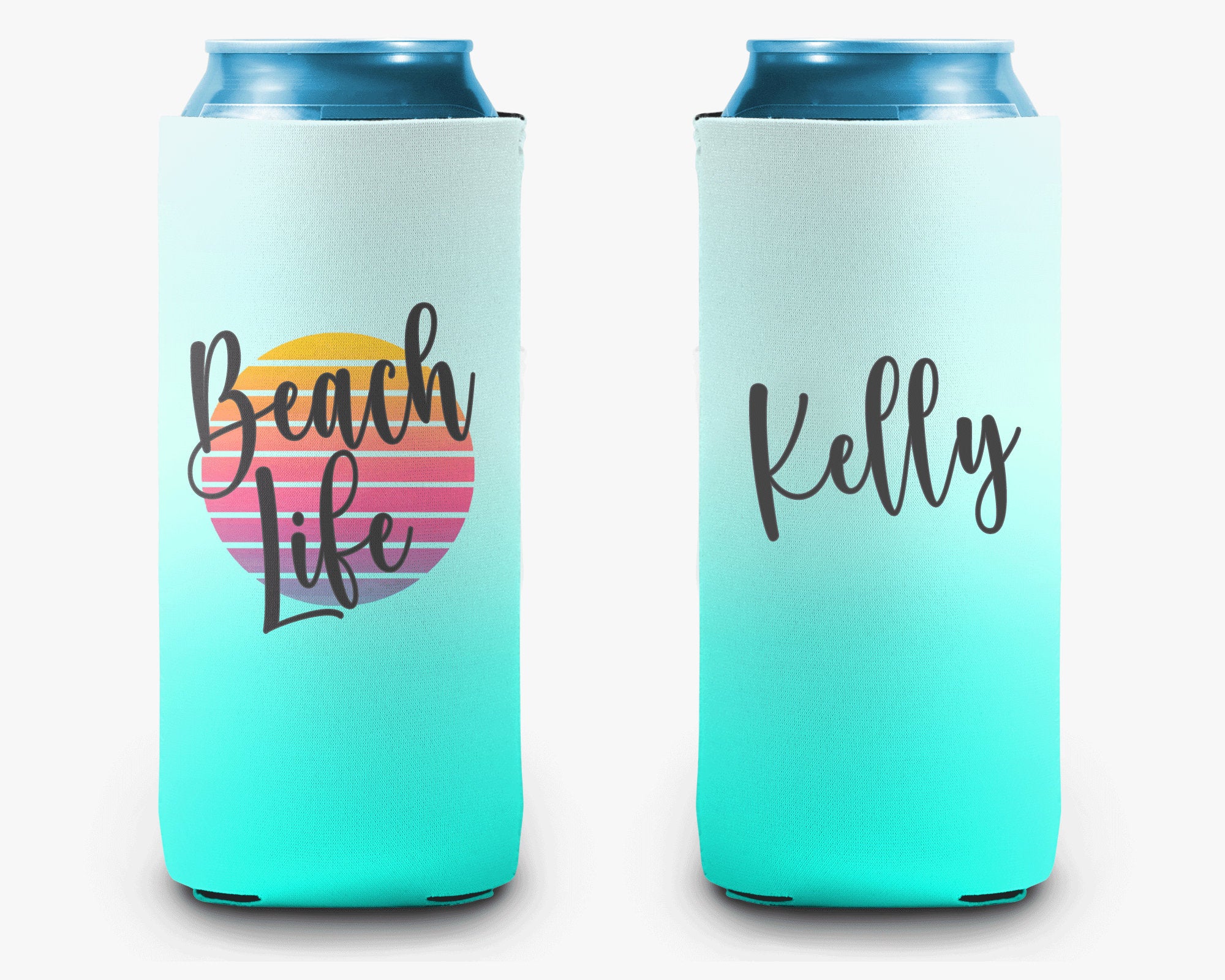 Beach Life Sunset Can Cooler Aqua Ombre Dot Personalized Can Cooler Sleeve