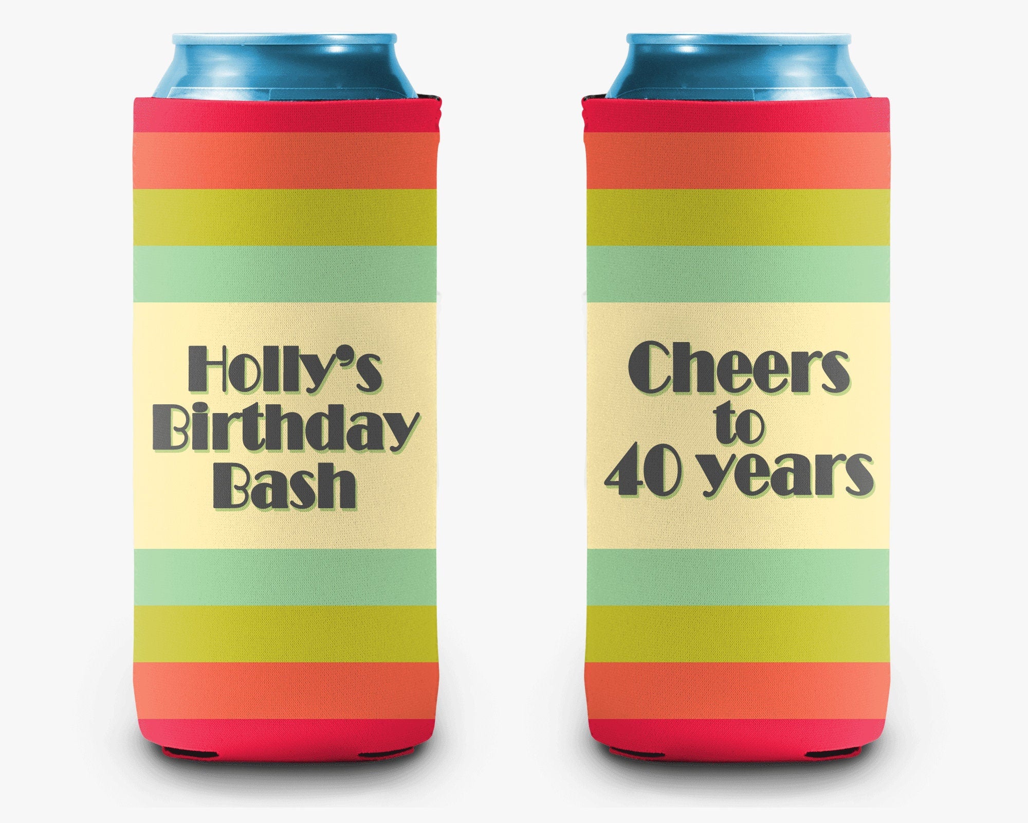 Retro Stripe Birthday Can Cooler Party Huggers Personalized Can Cooler Sleeve