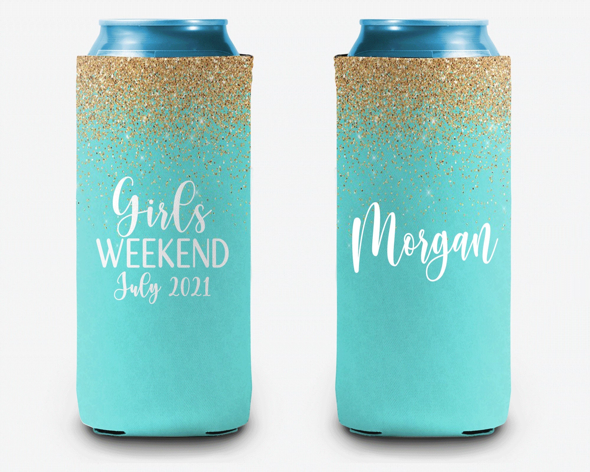Aqua Gold Glitter Can Cooler Girls Trip Personalized Can Cooler Sleeve
