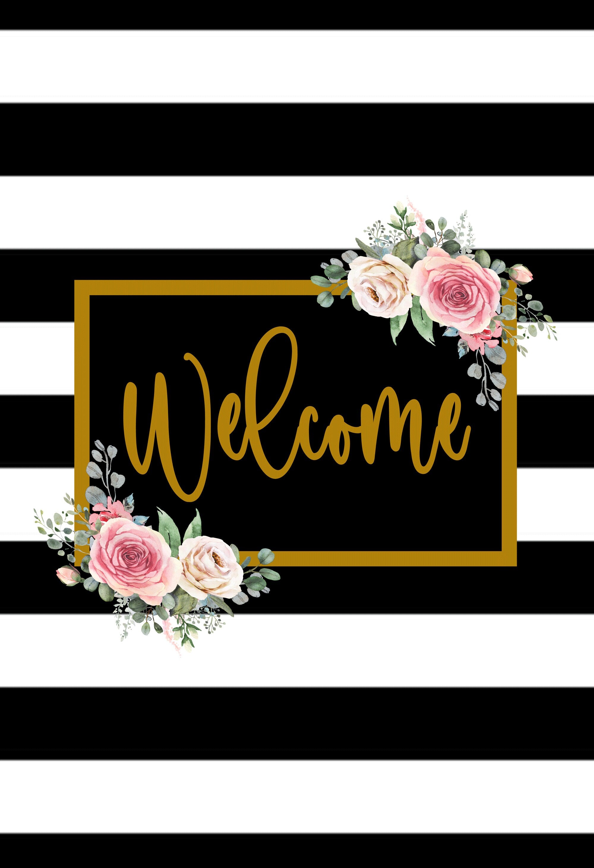 Black Stripe Floral Welcome Garden Flag