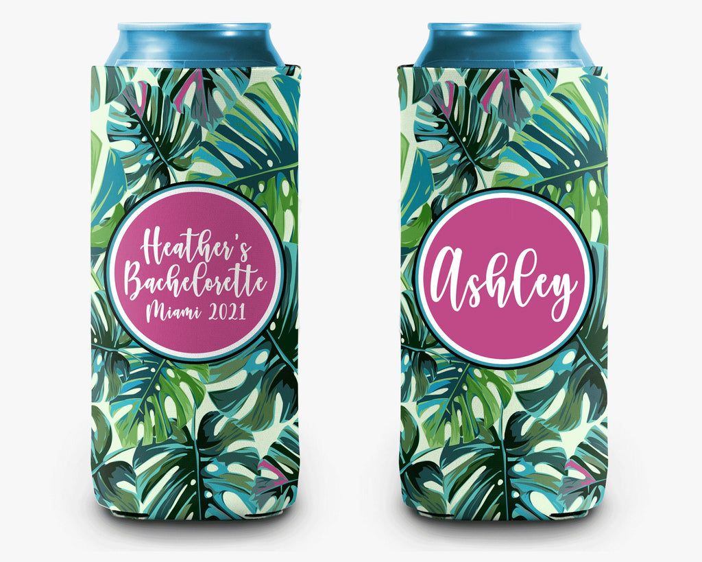 Palm Leaves Can Cooler Party Huggers Bachelorette Trip Personalized Can Cooler Sleeve