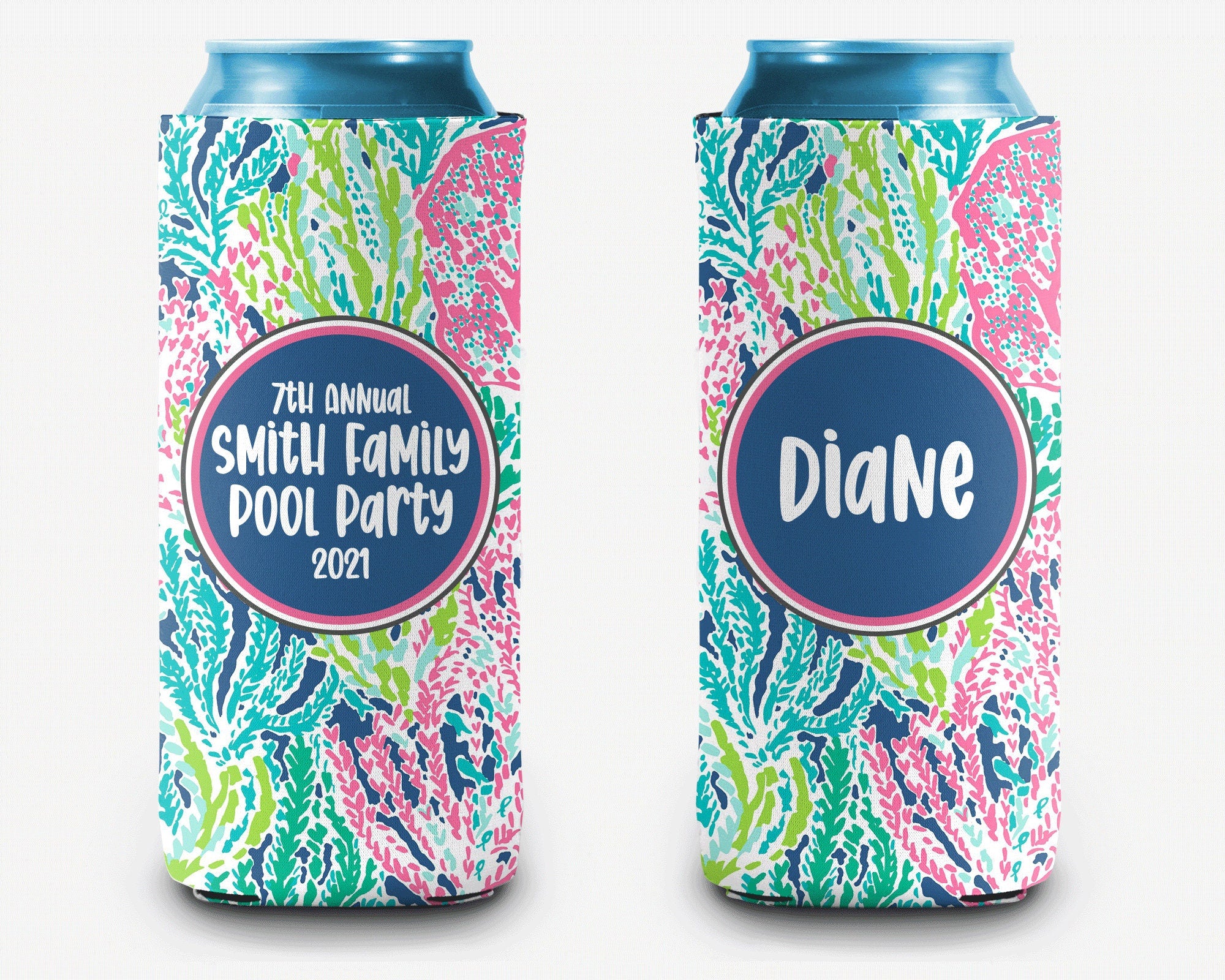 Tropical Reef Pool Party Can Cooler Party Huggers Bachelorette Trip Personalized Can Cooler Sleeve