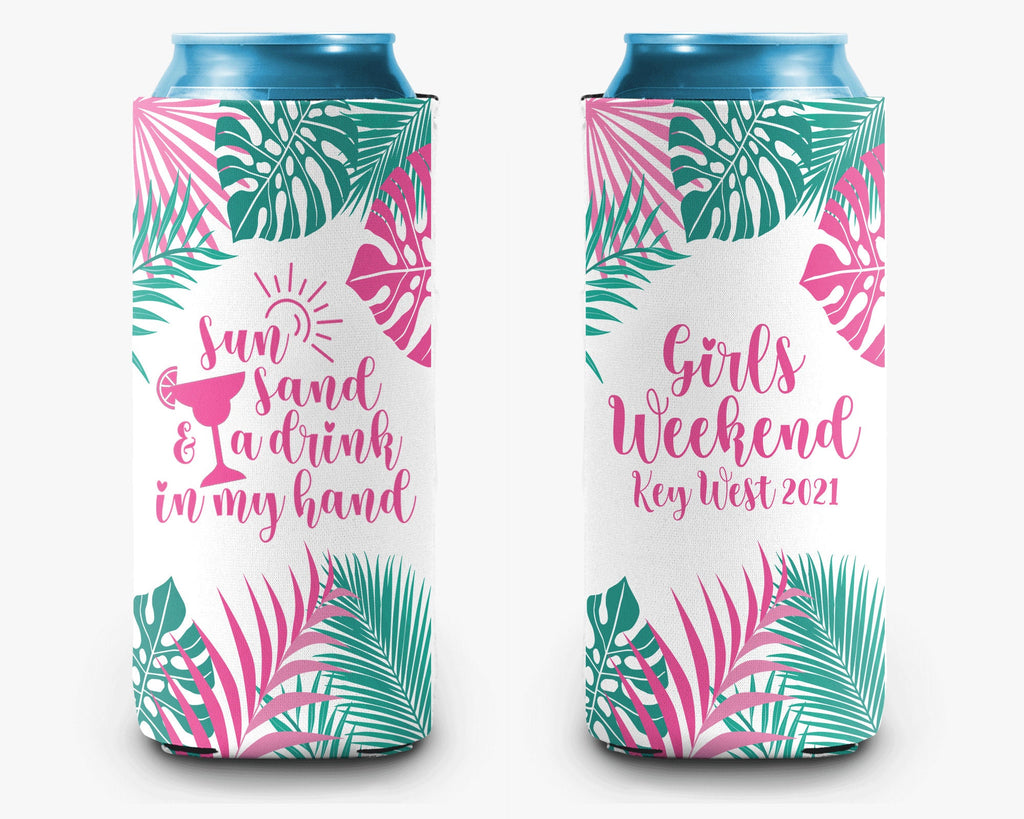 Tropical Leaves Sun Sand Drink in Hand Can Cooler Palm Leaves Bachelorette Trip Personalized Can Cooler Sleeve