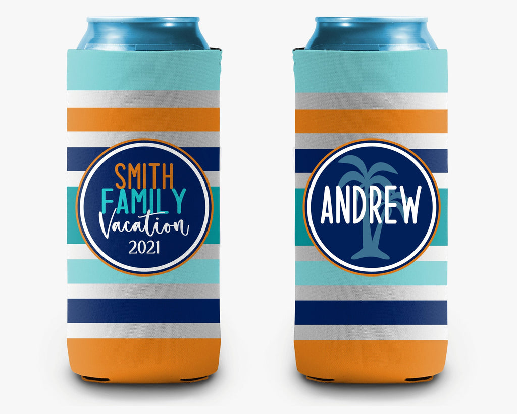 Family Vacation Striped Can Cooler Orange Aqua Navy Vacation Personalized Can Cooler Sleeve