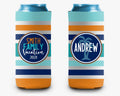 Family Vacation Striped Can Cooler Orange Aqua Navy Vacation Personalized Can Cooler Sleeve