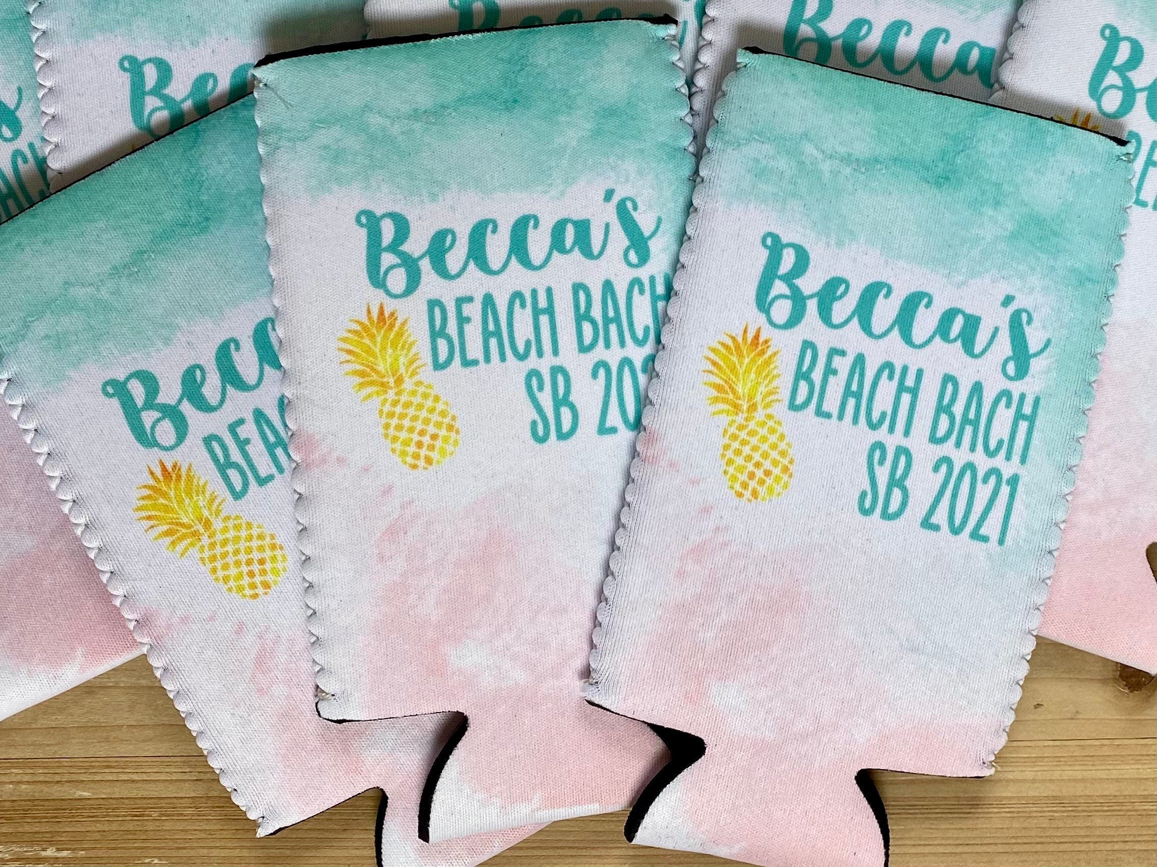 Beach Bach Watercolor Can Cooler Aqua Coral Bachelorette Trip Personalized Can Cooler Sleeve
