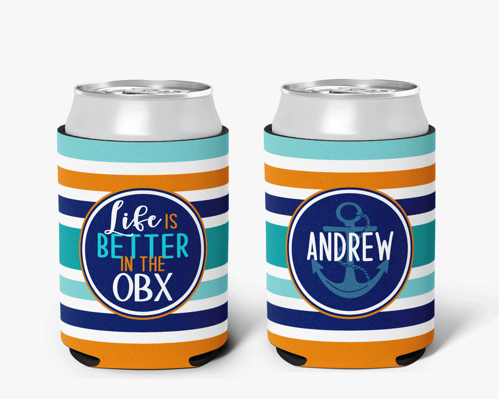 Family Vacation Life is Better Striped Can Cooler Orange Aqua Navy Vacation Personalized Can Cooler Sleeve