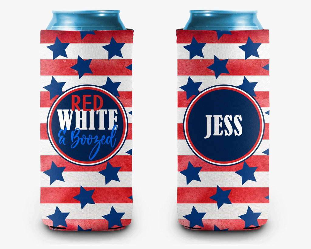 Red White Boozed USA Flag Can Cooler Red White Blue Stars & Stripes Personalized Can Cooler Slim and Regular Sleeve