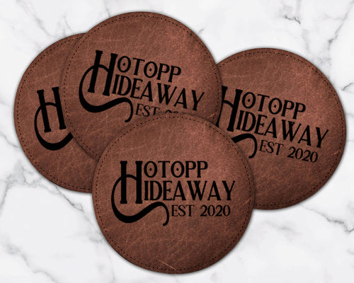 Brown Leather Personalized Bar Coasters Set of 2, 4, 6, or 8 | Faux Leather Coaster | Custom Coaster | Wedding Gift | Housewarming Gift