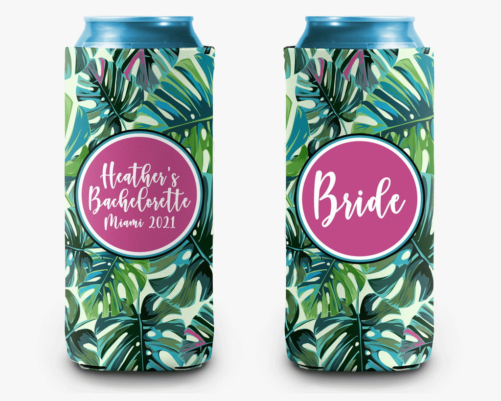 Palm Leaves Can Cooler Party Huggers Bachelorette Trip Personalized Can Cooler Sleeve