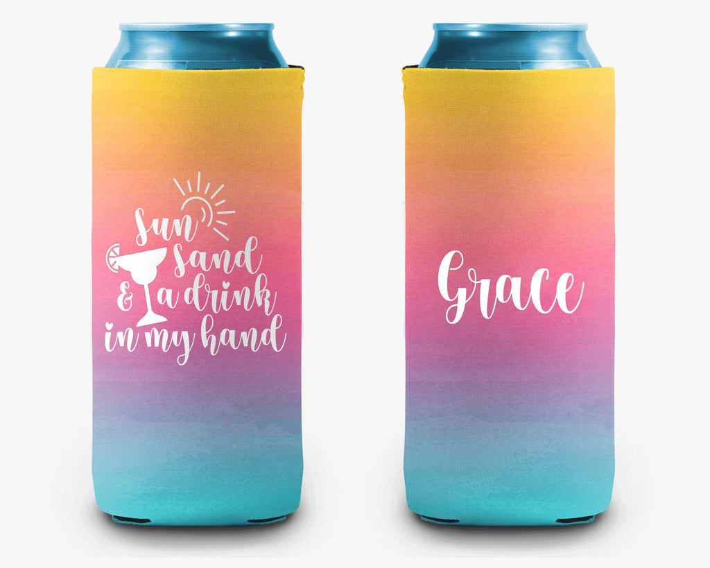 Sun Sand Drink in Hand Colorful Ombre Can Cooler Palm Leaves Bachelorette Trip Personalized Can Cooler Sleeve