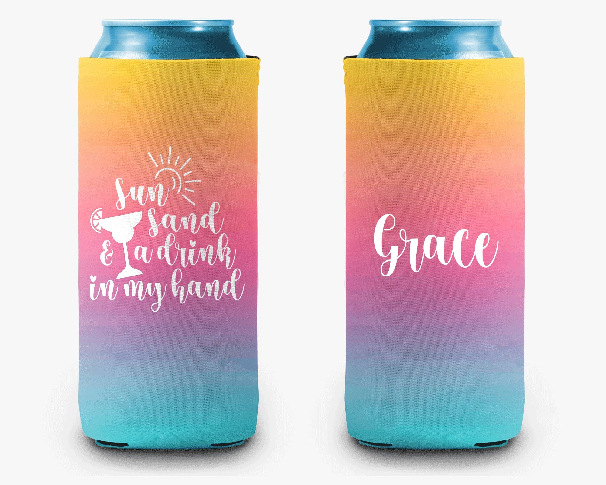 Sun Sand Drink in Hand Colorful Ombre Can Cooler Palm Leaves Bachelorette Trip Personalized Can Cooler Sleeve