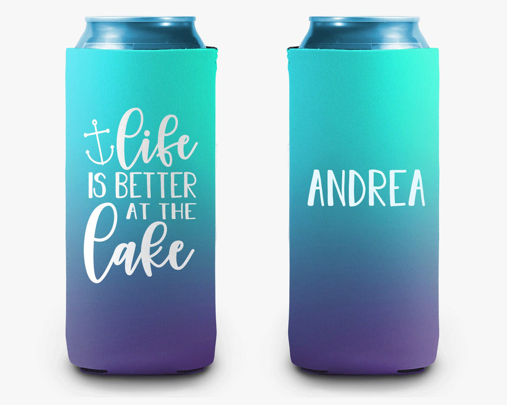 Life is Better At The Lake Anchor Teal Purple Ombre Can Cooler Lake Life Personalized Can Cooler Sleeve