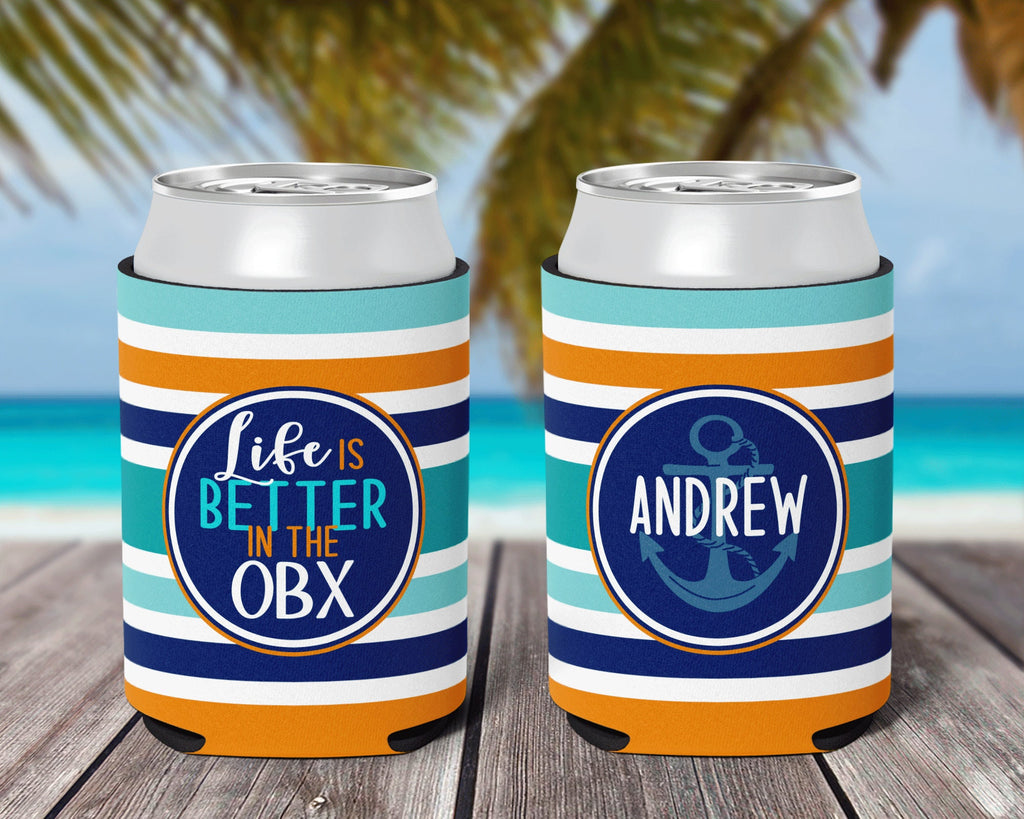 Family Vacation Life is Better Striped Can Cooler Orange Aqua Navy Vacation Personalized Can Cooler Sleeve