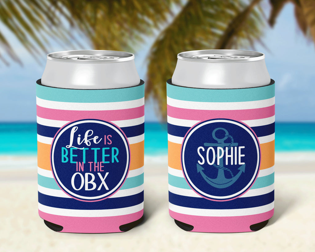 Family Vacation Life is Better Striped Can Cooler Pink Aqua Navy Vacation Personalized Can Cooler Sleeve