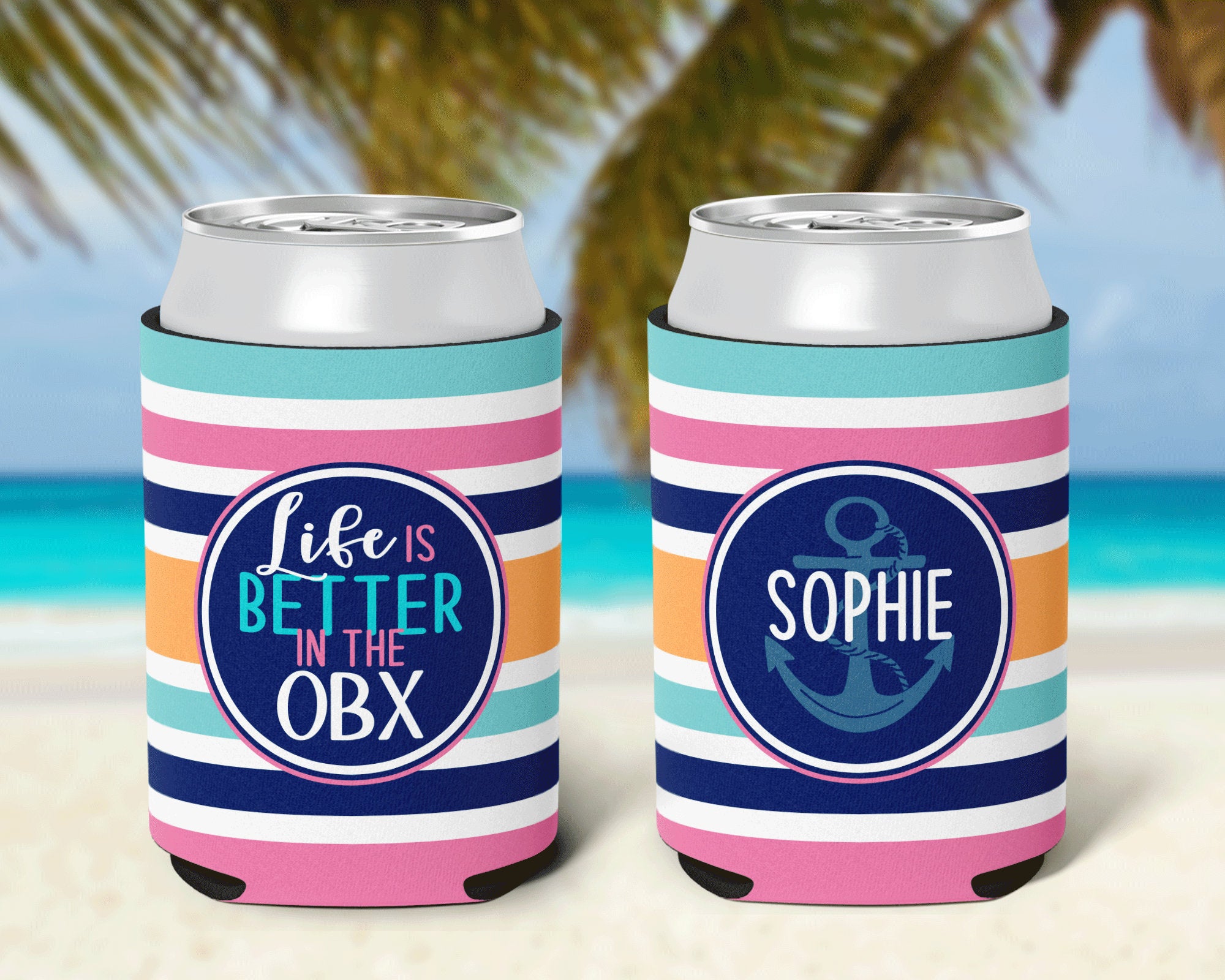 Family Vacation Life is Better Striped Can Cooler Pink Aqua Navy Vacation Personalized Can Cooler Sleeve