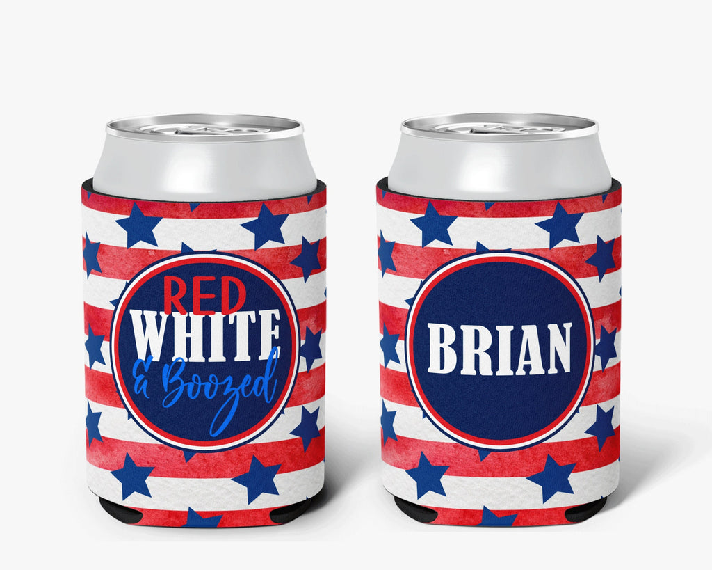 Red White Boozed USA Flag Can Cooler Red White Blue Stars & Stripes Personalized Can Cooler Slim and Regular Sleeve