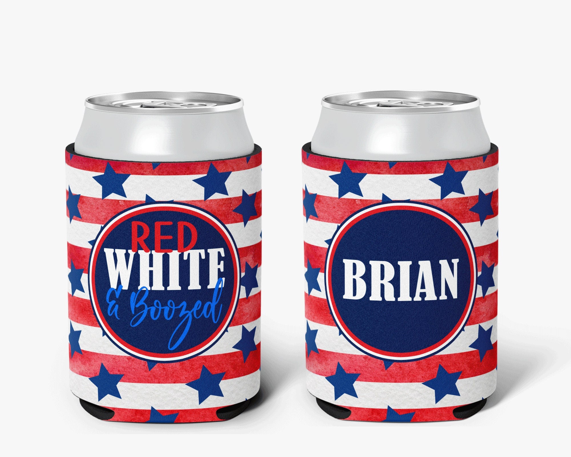 Red White Boozed USA Flag Can Cooler Red White Blue Stars & Stripes Personalized Can Cooler Slim and Regular Sleeve