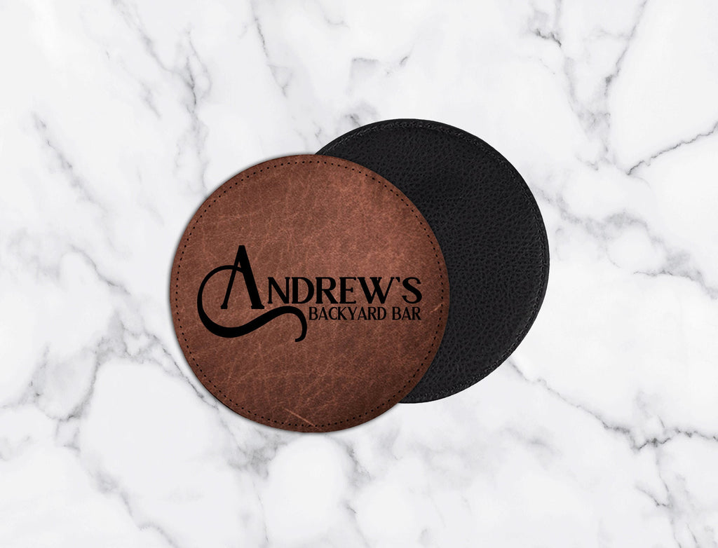 Brown Leather Personalized Bar Coasters Set of 2, 4, 6, or 8 | Faux Leather Coaster | Custom Coaster | Wedding Gift | Housewarming Gift