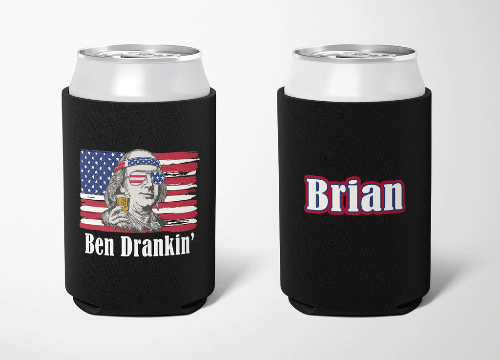 USA Red White Blue Stars & Stripes Personalized Can Cooler- Ben Drankin Can Holder