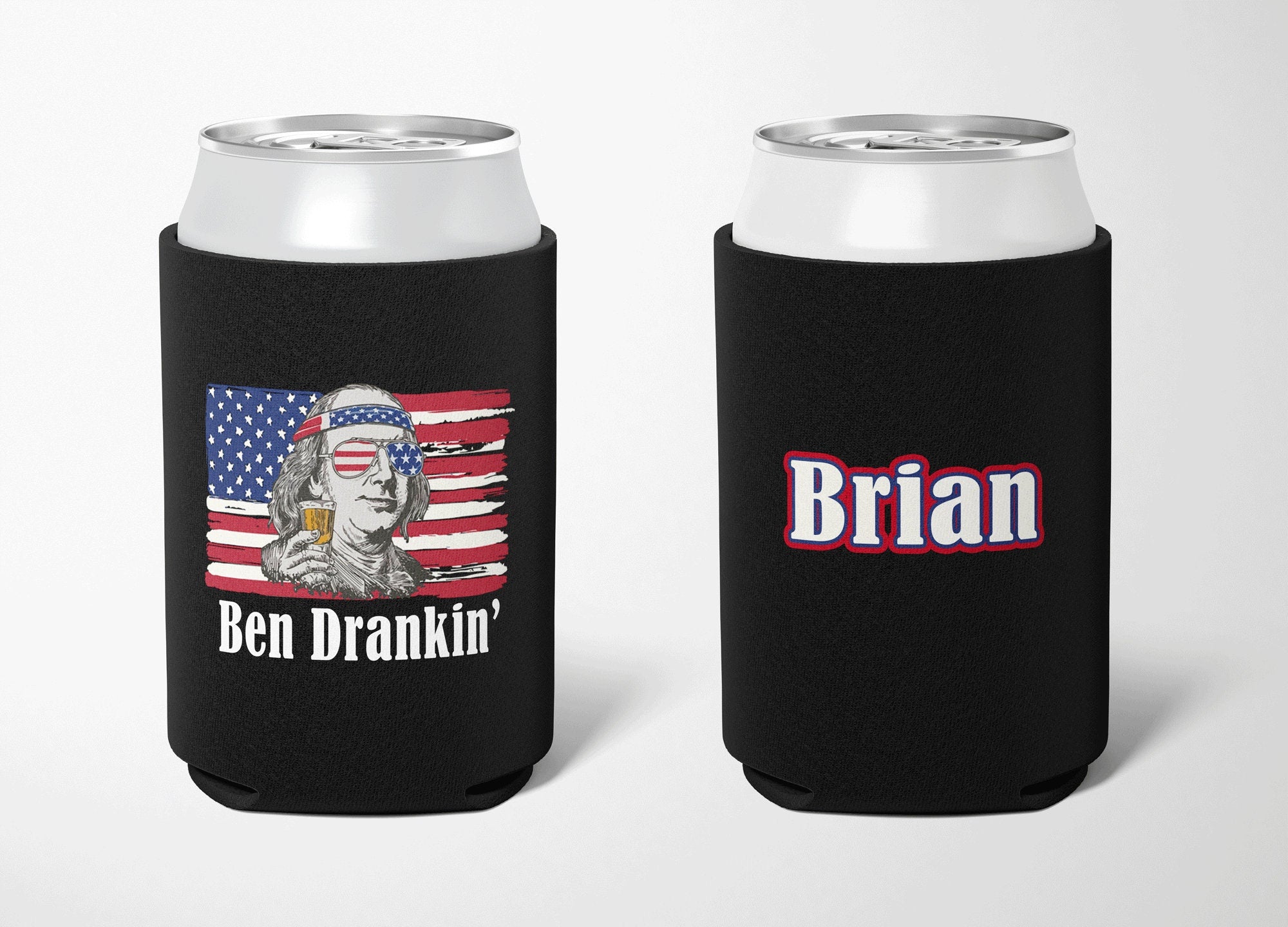 USA Red White Blue Stars & Stripes Personalized Can Cooler- Ben Drankin Can Holder