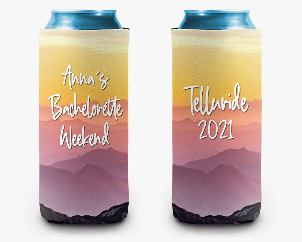 Mountain Sunset Yellow Pink Bachelorette Party Trip Can Cooler Girls Trip Personalized Can Cooler Sleeve