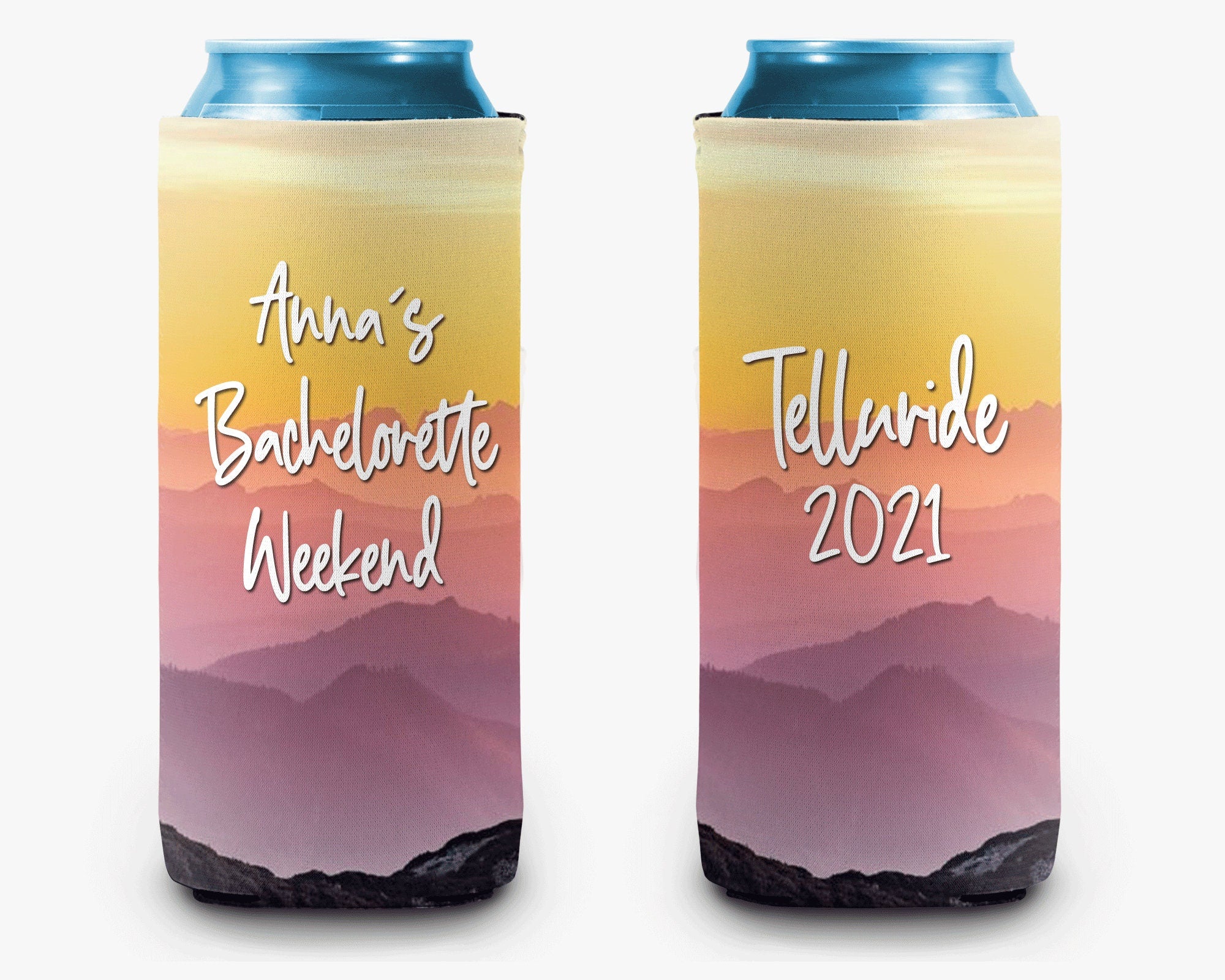Mountain Sunset Yellow Pink Bachelorette Party Trip Can Cooler Girls Trip Personalized Can Cooler Sleeve